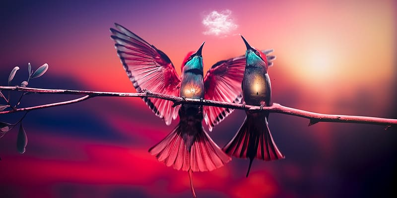 Birds at sunset, napnyugta, ules, madarak, agon, szines tollu, HD wallpaper