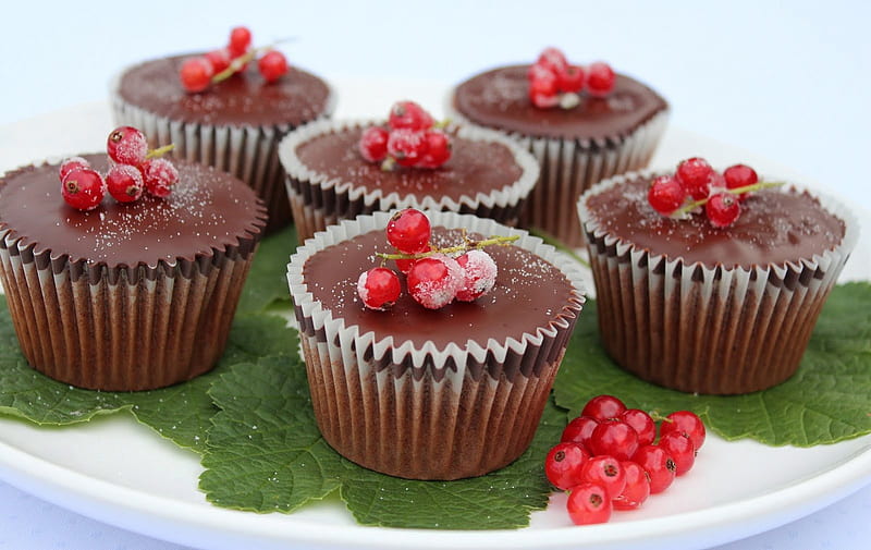 Chocolate cupcakes, red, food, chocolate, sweet, dessert, leaf, fruit, cupcakes, green, berries, HD wallpaper