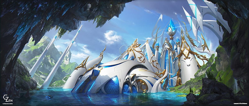 Temple of Destiny, art, water, fantasy, luminos, g zen, temple, white, blue, HD wallpaper