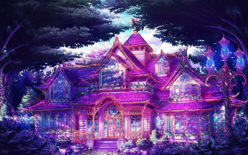 Charming House in the Forest, forest, art, house, lanterns, windiws, trees, pink, HD wallpaper