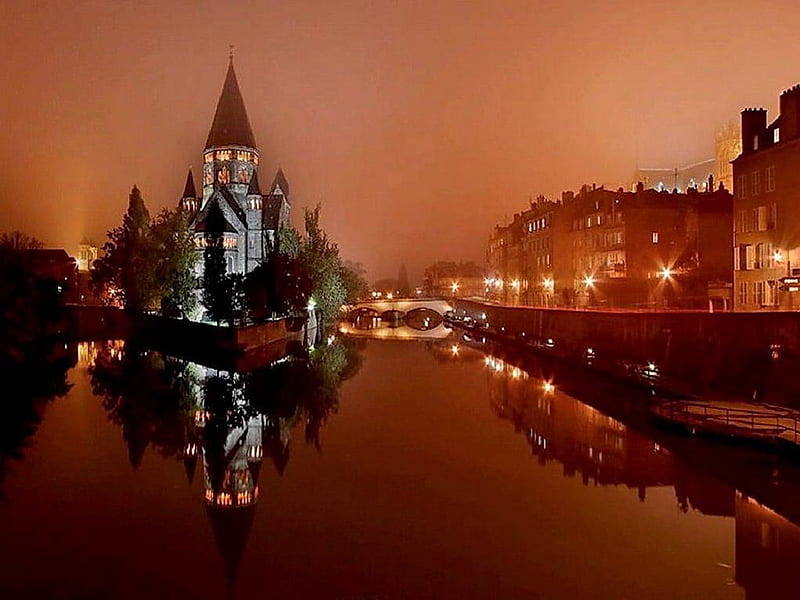 Metz, bridge, river, lights, night, scene, HD wallpaper