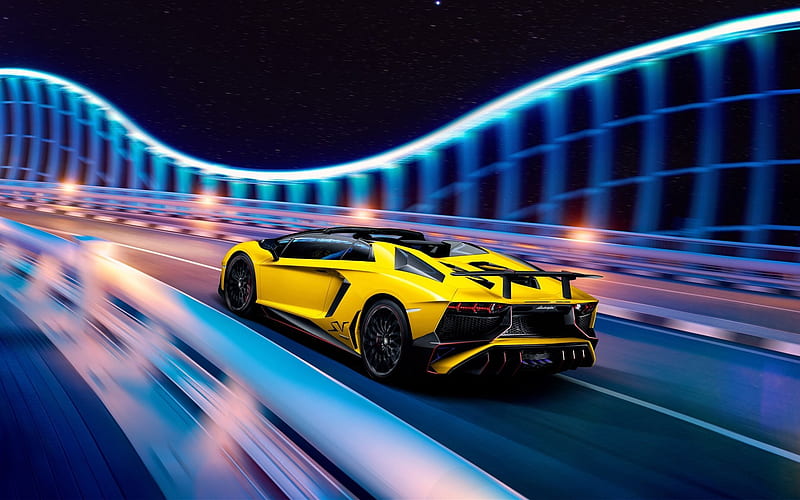 Lamborghini Aventador, lp700-4, motion blur, night, supercars, yellow aventador, HD wallpaper