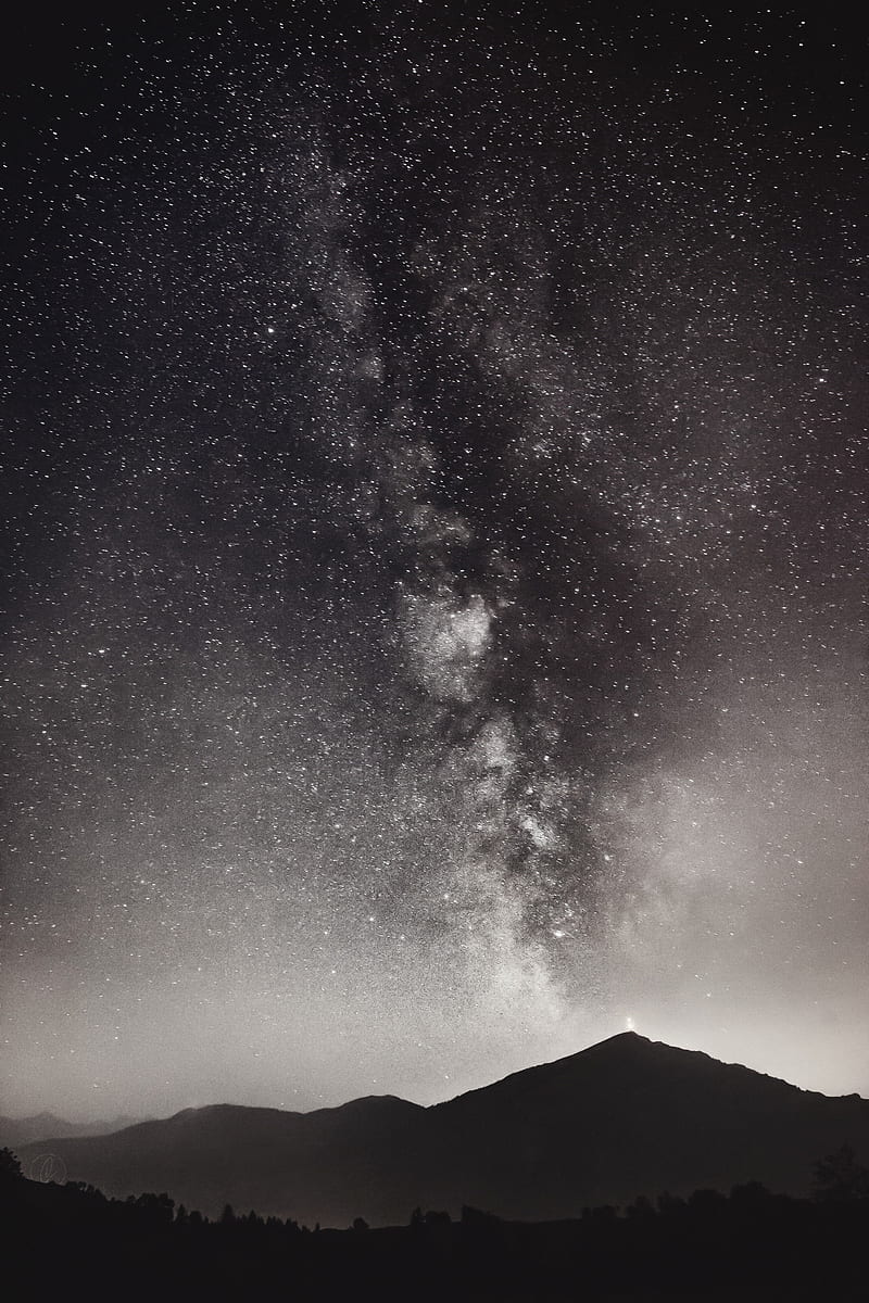 nature, stars, space, monochrome, Milky Way, space art, starred sky, night, mountains, HD phone wallpaper