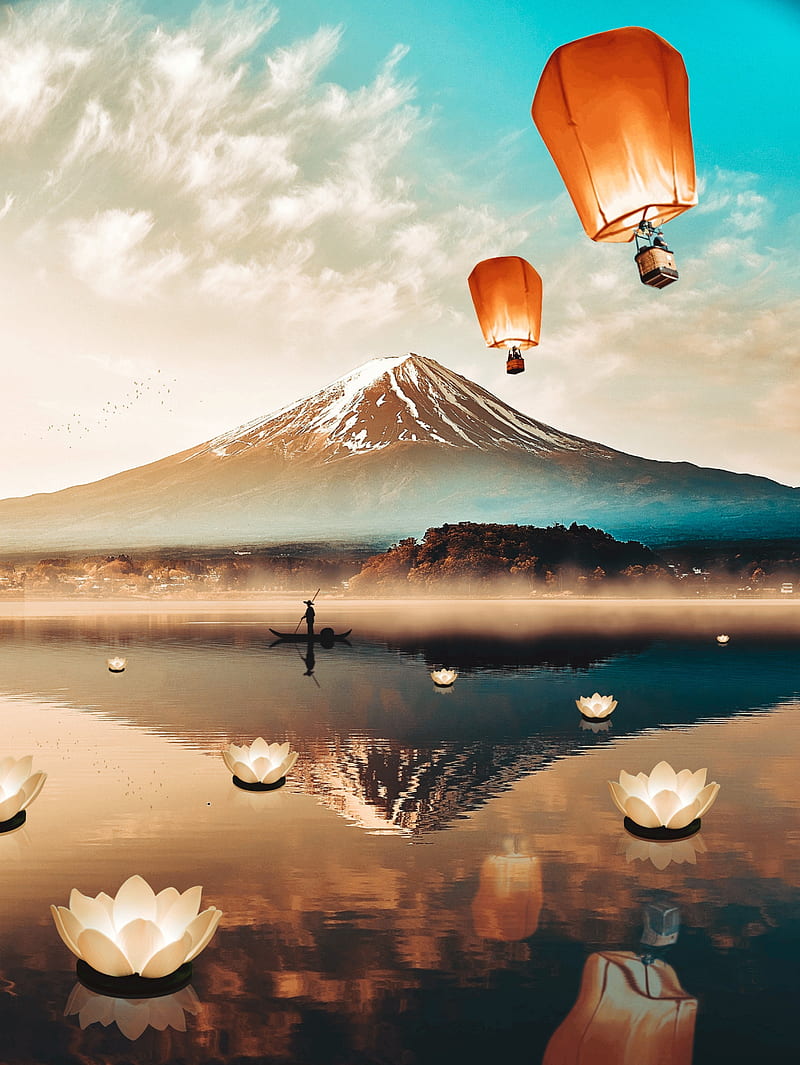 Sky Lanterns Flying, chinese lantern, fuji, japan, japanese lantern, lake, mount fuji, mountain, nenuphar, silhouette, HD phone wallpaper