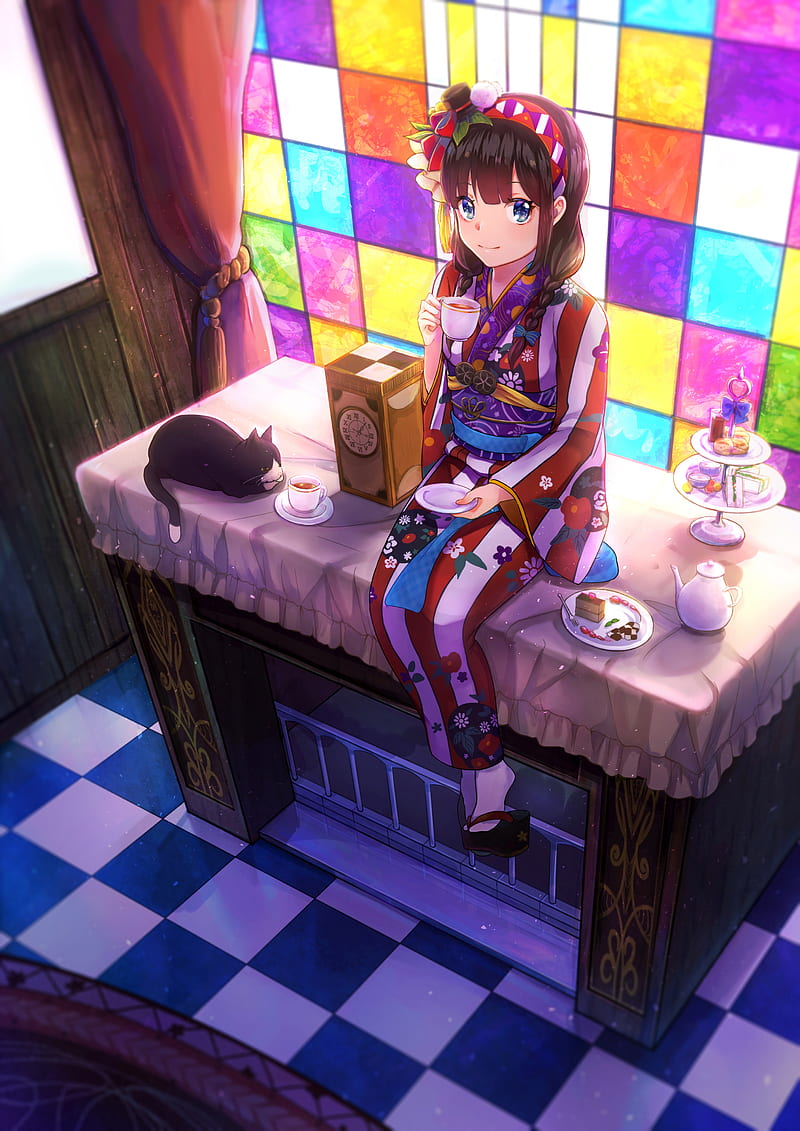 anime girl, sit, kimono, brown hair, braid, cat, tea, Anime, HD phone wallpaper