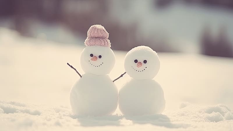 Snowmen, winter, snowman, white, craciun, christmas, iarna, couple, hat, pink, HD wallpaper