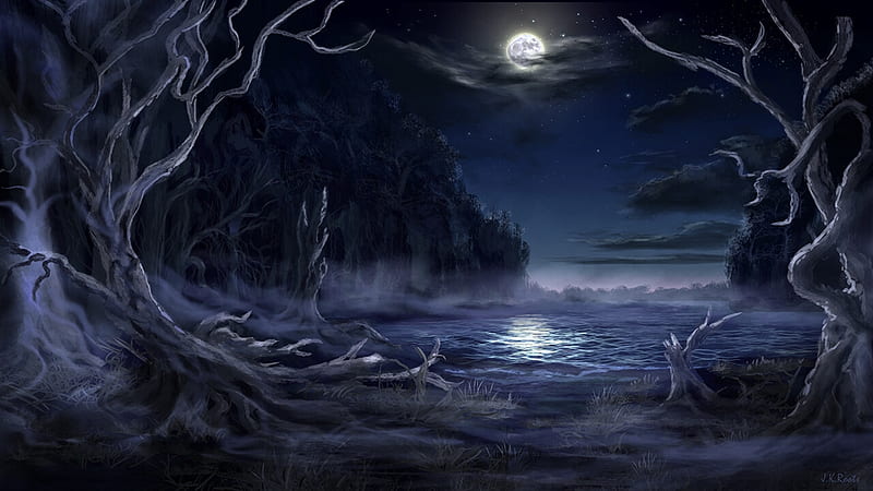 Black Lake, johannes roots, tree, water, moon, fantasy, luminos, lake, night, HD wallpaper