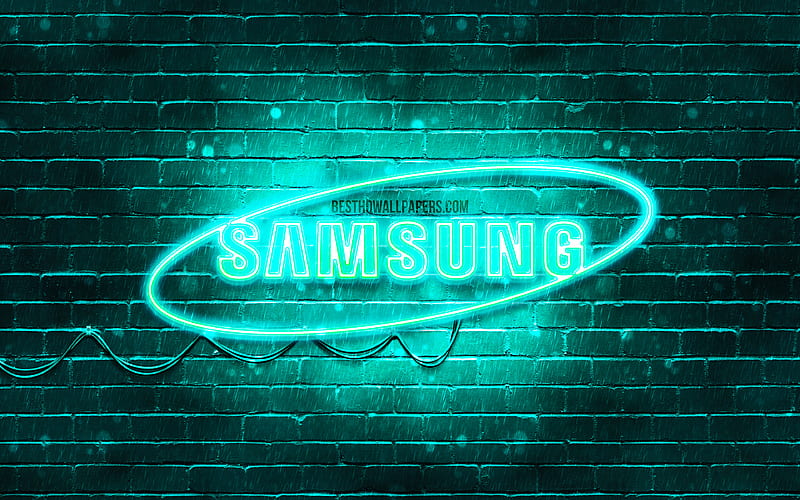 Samsung turquoise logo turquoise brickwall, Samsung logo, brands, Samsung neon logo, Samsung, HD wallpaper