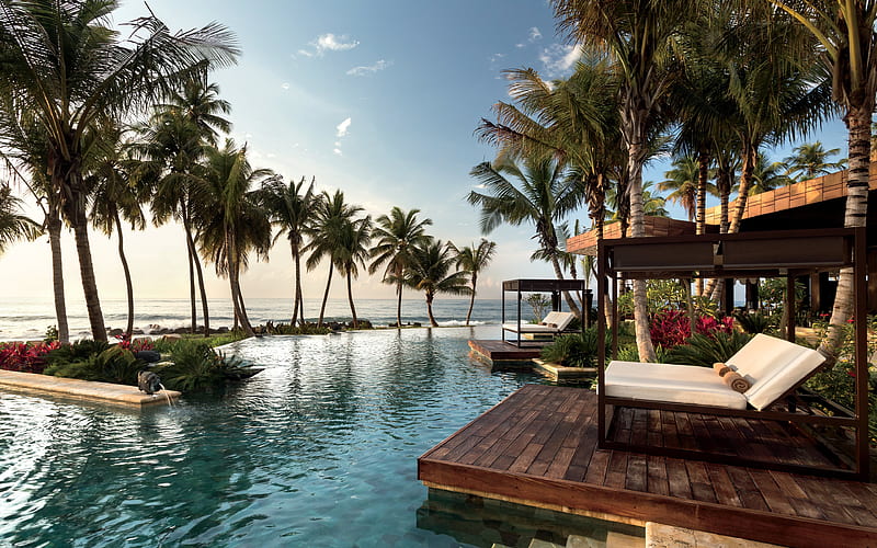 Caribbean island, hotel, sea, tropical island, palm trees, sunset, seascape, Puerto Rico, HD wallpaper
