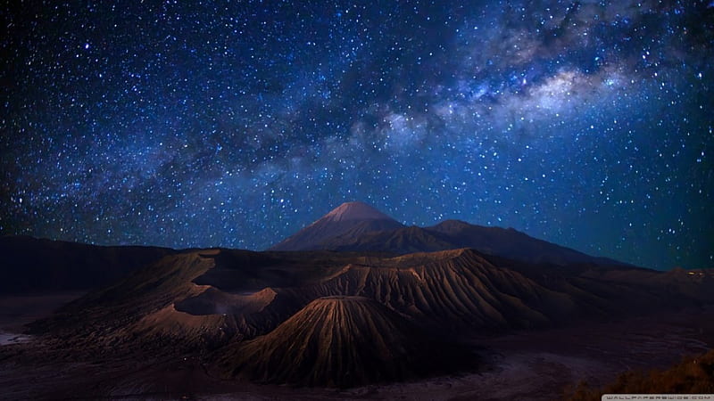 Mount Bromo under Starry Sky, stars, graphy, sky, blue, night, HD wallpaper