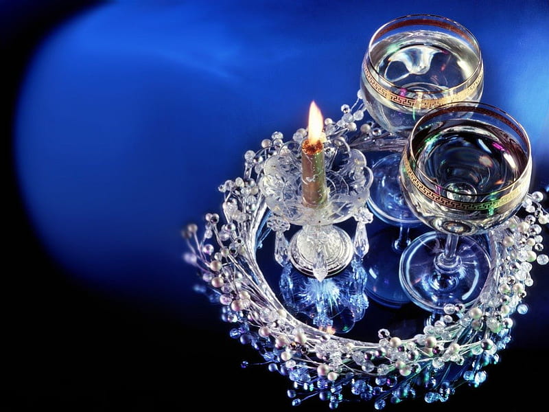 BLUE CRYSTAL, crystals, flames, romance, wine, celebration, glasses, ambience, candles, HD wallpaper