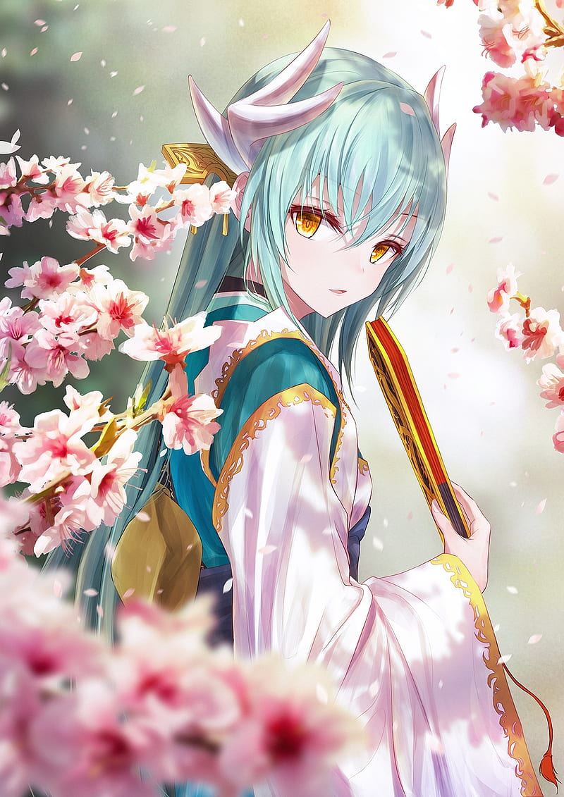 kiyohime, aqua hair, traditional clothes, cherry blossom, fate grand order, Anime, HD phone wallpaper