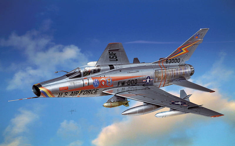 F100 Super Sabre, f100, sabre, sky, clouds, american, silver, aircraft, plane, military, nature, blue, HD wallpaper