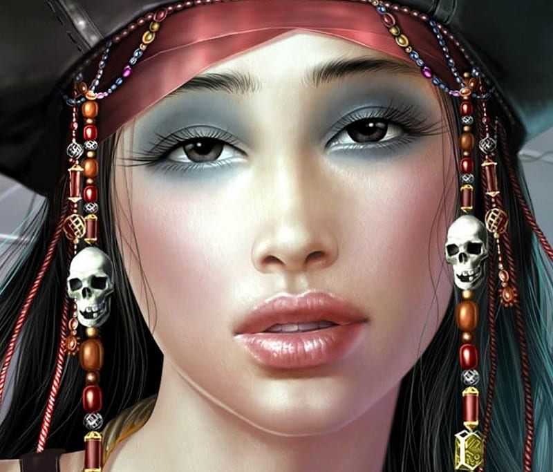 Pirate girl, red, game, black, woman, lips, make-up, pirate, fantasy, girl, beauty, eyes, skull, pink, blue, HD wallpaper