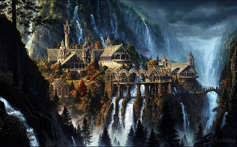 Rivendell, mai khomsaz, city, fantasy, luminos, lotr, waterfall, castle, world, HD wallpaper