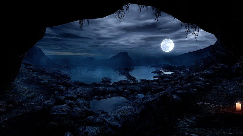 Cave Open, water, dark skies, opening, cave, HD wallpaper