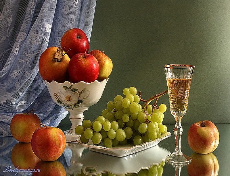 Sweetness of life, pretty, apples, wine, fruits, wine glass, curtain, silk, grapes, platter, bowl, HD wallpaper