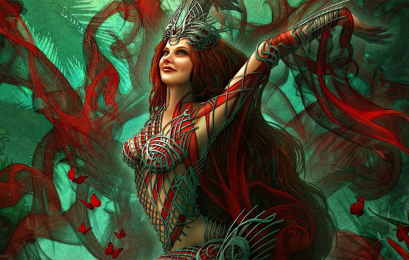 Goddess of the Oasis, red, redhead, woman, kerem beyit, fantasy, girl, green, scarf, HD wallpaper