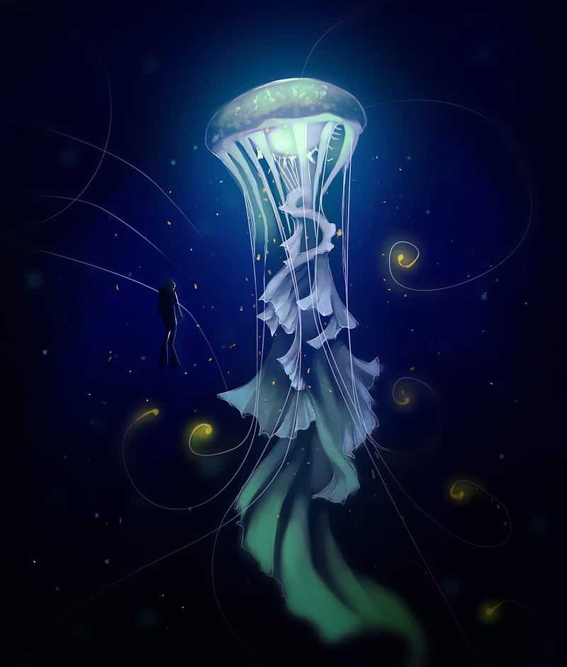 jellyfish, diver, art, sea, depth, HD phone wallpaper