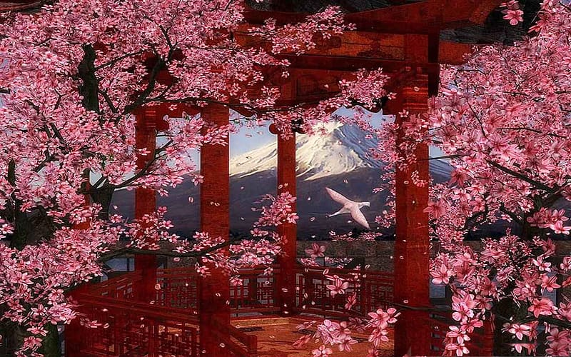 Pink, Sakura, Mountain, Bird, Spring, Artistic, Cherry Blossom, Mount ...