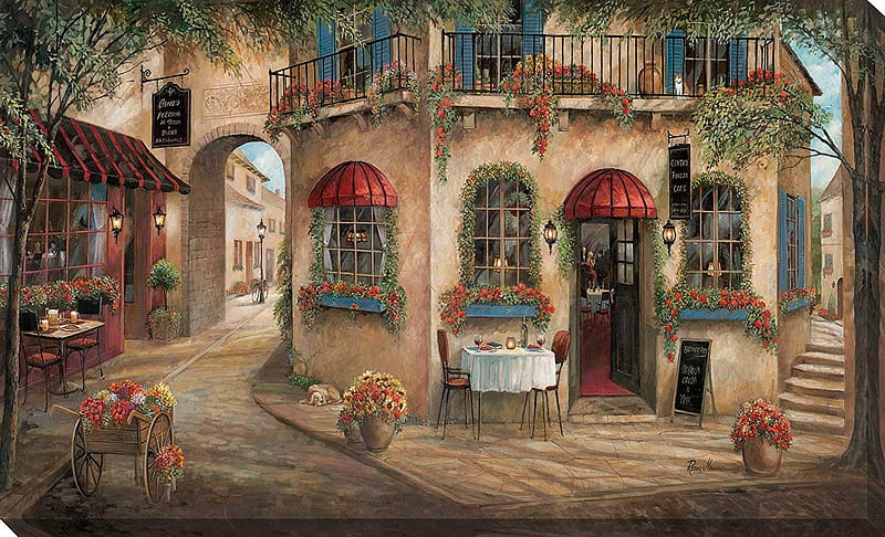 Gino's Pizzeria, table, house, painting, chairs, village, path, stairs, artwork, flowers, HD wallpaper