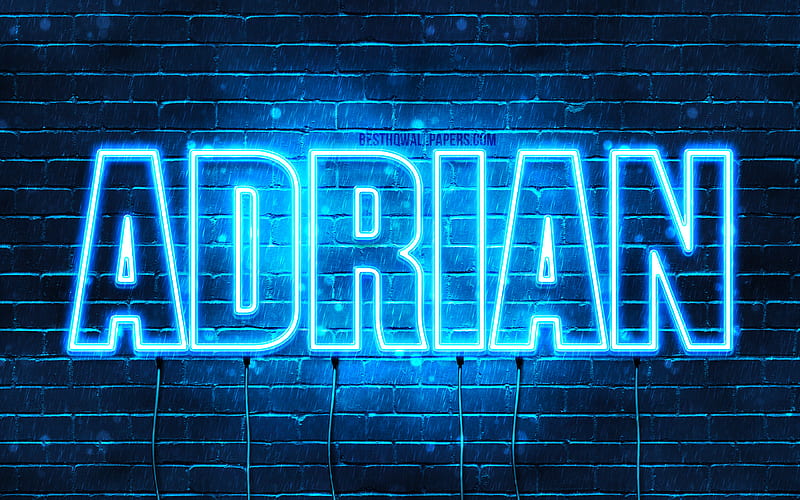 Adrian with names, horizontal text, Adrian name, blue neon lights, with Adrian name, HD wallpaper