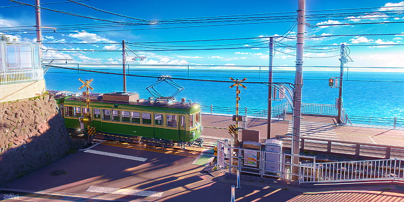 Anime, Train, Ocean, Sea, Sky, HD wallpaper