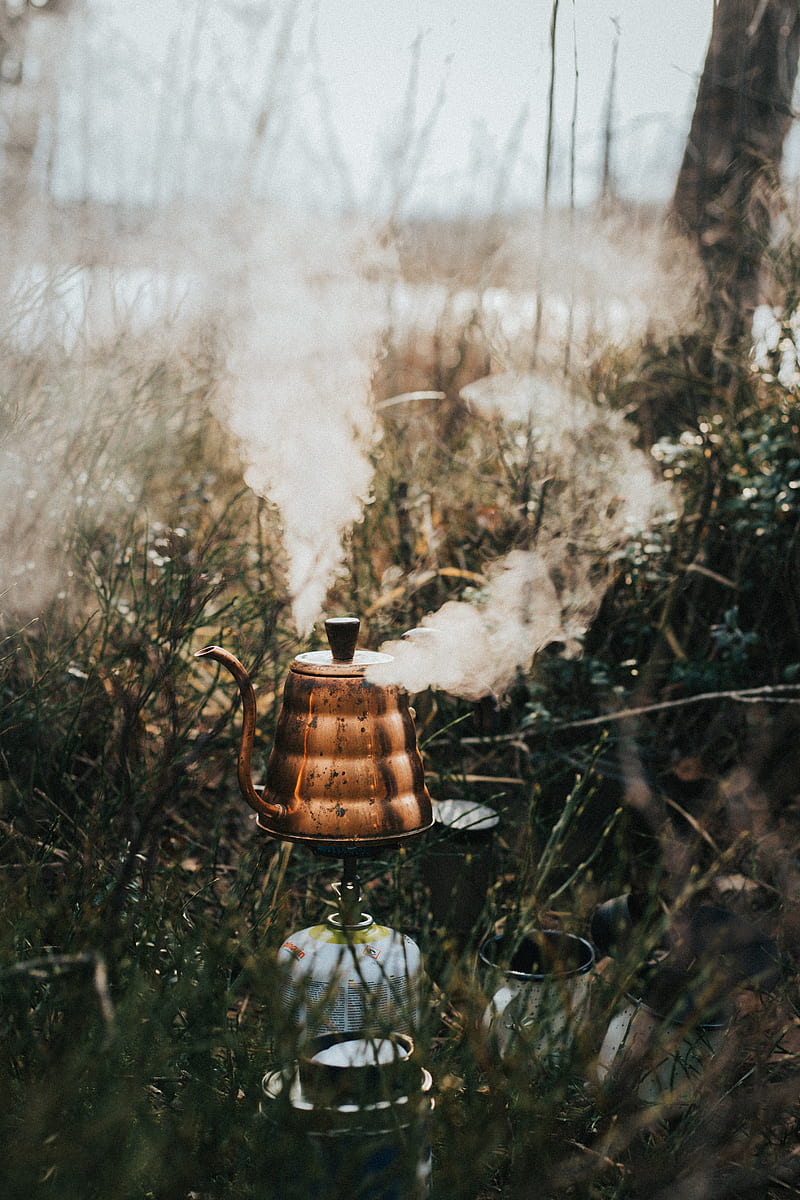 kettle, steam, grass, camping, nature, HD phone wallpaper