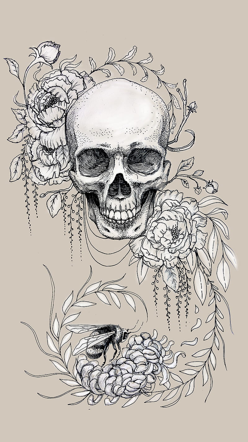 Skull Flowers Tattoo, art, cool, desenho, hipster, ink, punk, tat, tattooed, ob2, tat, tat1, HD phone wallpaper