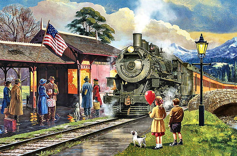 Evening Train F1, railroad, art, locomotive, artwork, depot, train, engine, painting, wide screen, station, tracks, HD wallpaper