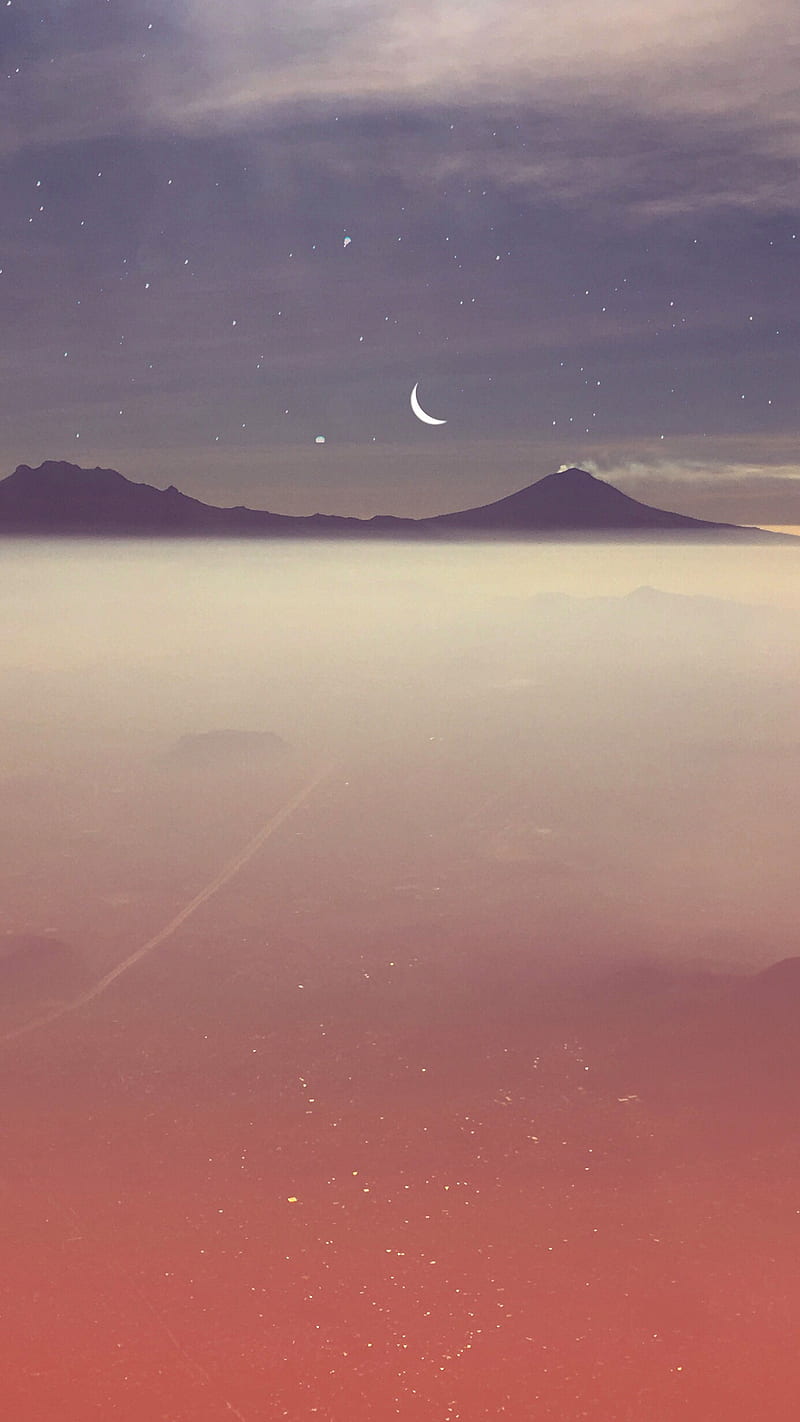 Volcanoes II, aerial view, airplane view, clouds, cosmic art, crescent moon, earth, fog, landscape, landscape graphy, minimal, minimalism, moon, moon art, mountains, nature, planet, popocateptl, shoot_thismoment, sky, space, space art, sunset, volcano, world, HD phone wallpaper