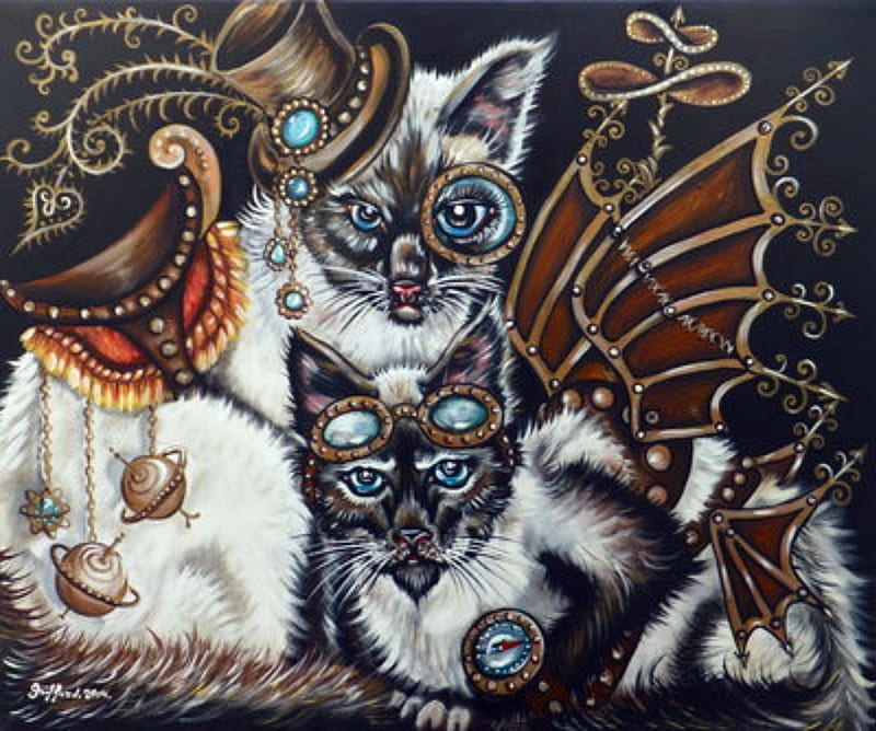 Steampunk Cats, Steampunk, Cats, Abstract, Art, Fantasy, HD wallpaper