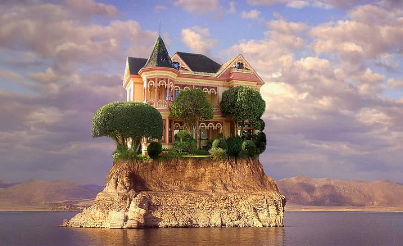 Dream House, fantasy, house, on a cliff, island, sea, HD wallpaper