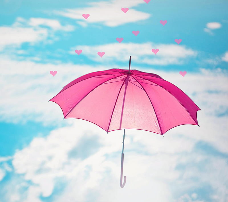 Love in Air, hearts, pink umbrella, sky, HD wallpaper