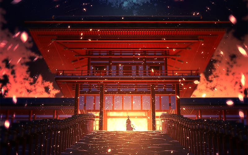 Anime, Fire, Temple, Shrine, Touken Ranbu, Mikazuki Munechika, HD wallpaper