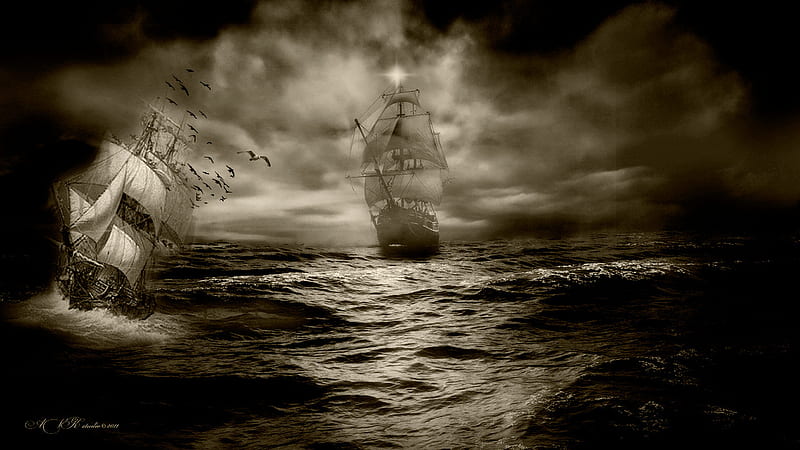 ON THE HIGH SEAS, stormy, art work, adventure, sea, graphy, ship, bw ...