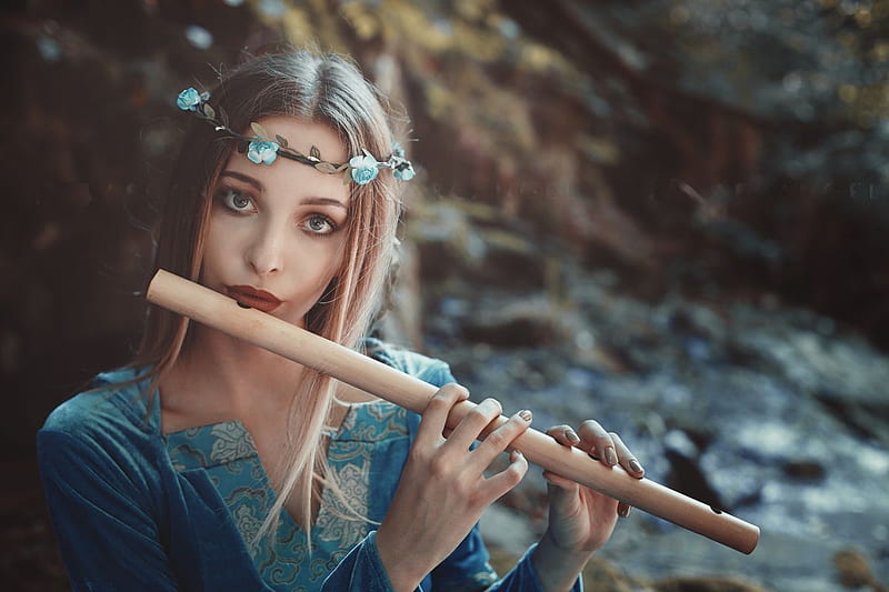Girl musician, digital, art, flute, woman, HD wallpaper