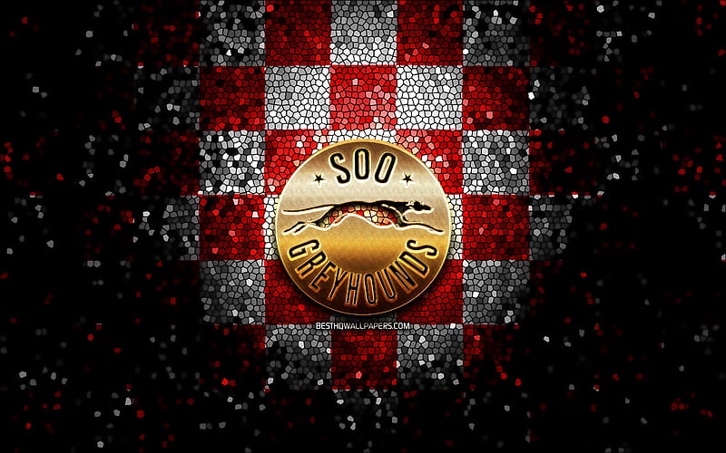 Soo Greyhounds, glitter logo, OHL, red white checkered background, hockey, canadian hockey team, Soo Greyhounds logo, mosaic art, Canada, HD wallpaper