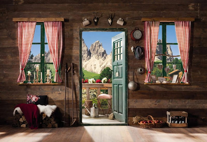 Wooden home-great view!, mountain, windows, house, view, home, garden, wooden, HD wallpaper