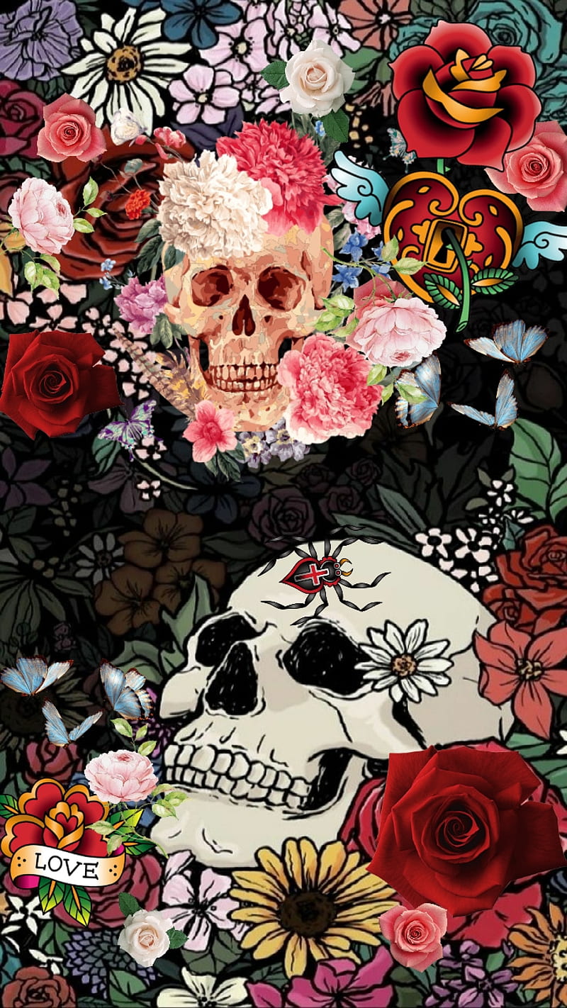 Deadly, butterflies, dead, flowers, love, roses, skull, sugar, HD phone wallpaper