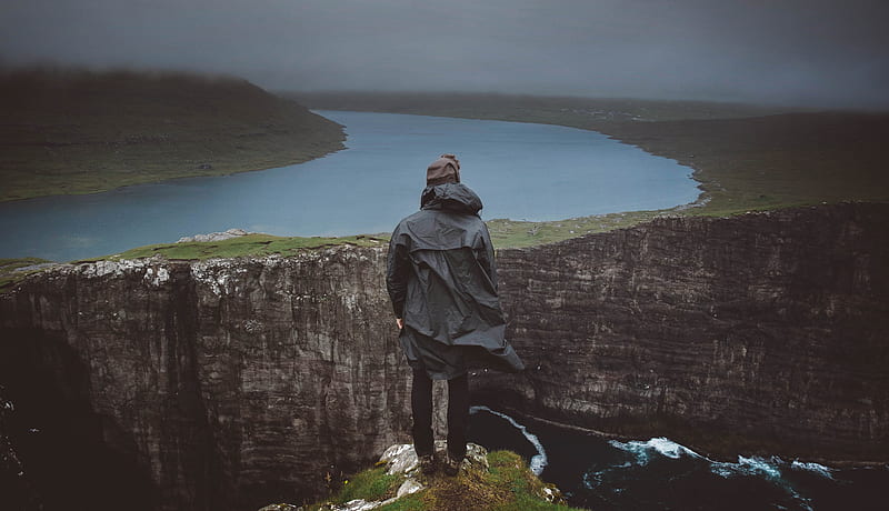 man, cliff, river, fog, landscape, HD wallpaper
