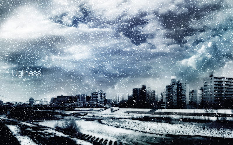 snowy day, city, clouds, snow, buildings, HD wallpaper