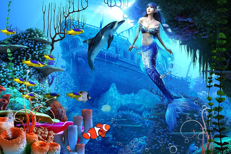 Mermaid's Dwelling Place, Coral reef, fish, Mermaid, ocean, Sunken ship, digital art, sea, dolphin, water, magical, HD wallpaper