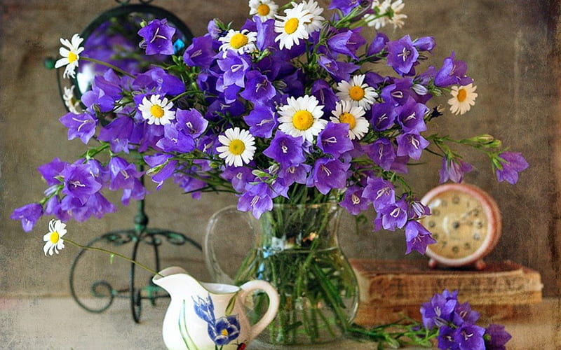 Purple Flowers and Daisies, life, still, vase, clock, abstract, daisies, stand, purple, flowers, HD wallpaper