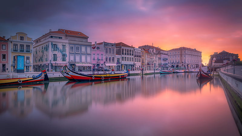 Boat On River Aveiro Building Canal Dawn House Portugal Travel, HD wallpaper