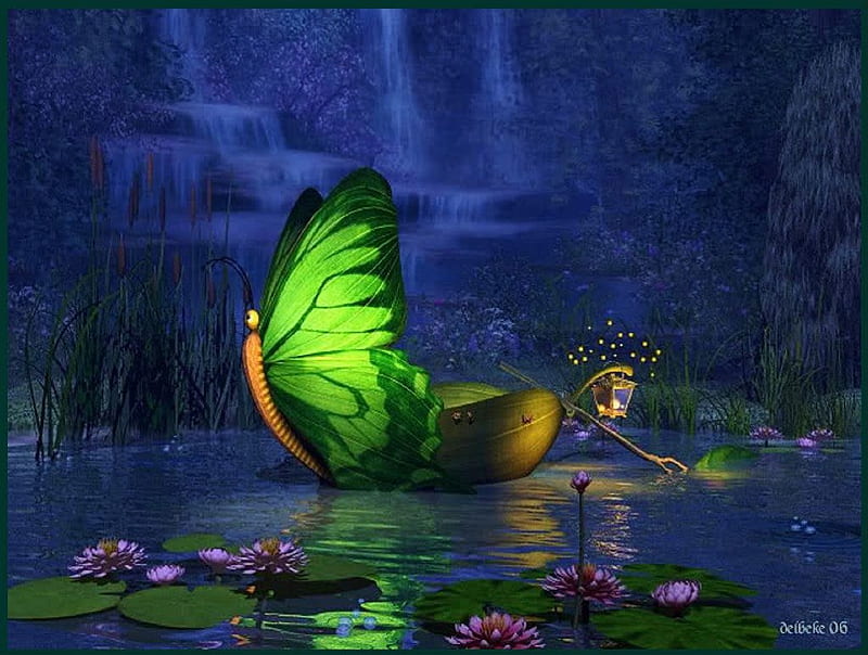 Fairy Boat, waterlily, lamp, water, fairytales, butterfly, mystic, HD wallpaper