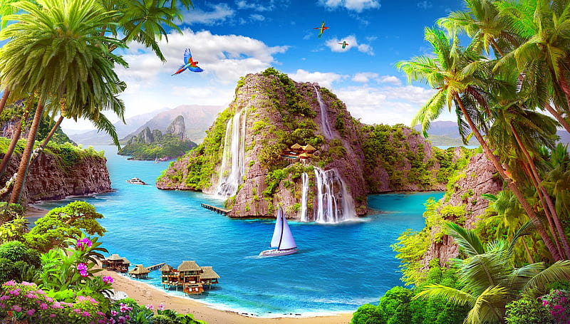 Middle Island, boat, sail, ocean, beach, midle, island, HD wallpaper