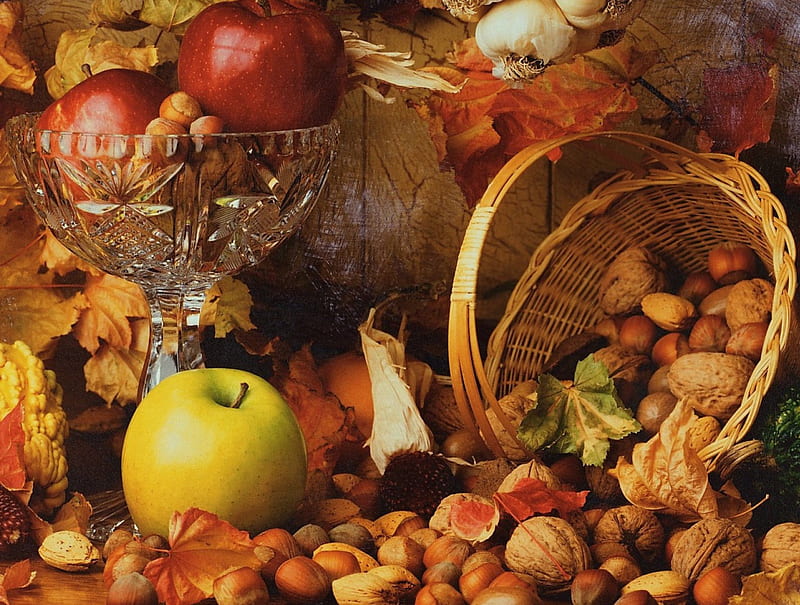 Autumn Harvest, nuts, still life, autumn, harvest, leaves, basket, fruits, apples, HD wallpaper