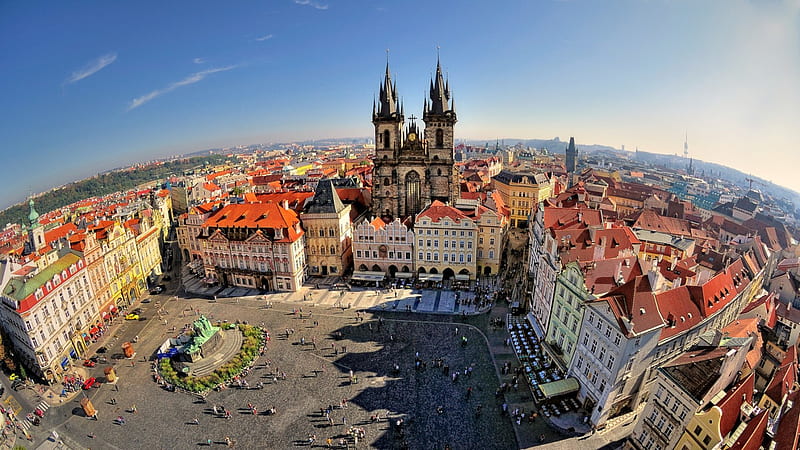 fish eye view of old town square in prague, cathedral, monument, city, fish eye, square, HD wallpaper