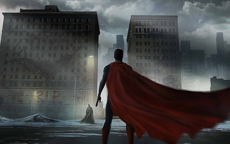 Batman vs Superman, cityscape, superheroes, DC Comics, Batman, Superman, HD wallpaper